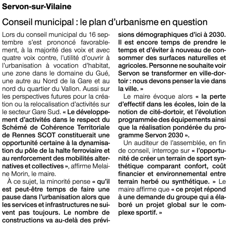 Lire la suite à propos de l’article Servon-sur-Vilaine. Conseil municipal : le plan d’urbanisme en question (Ouest France)