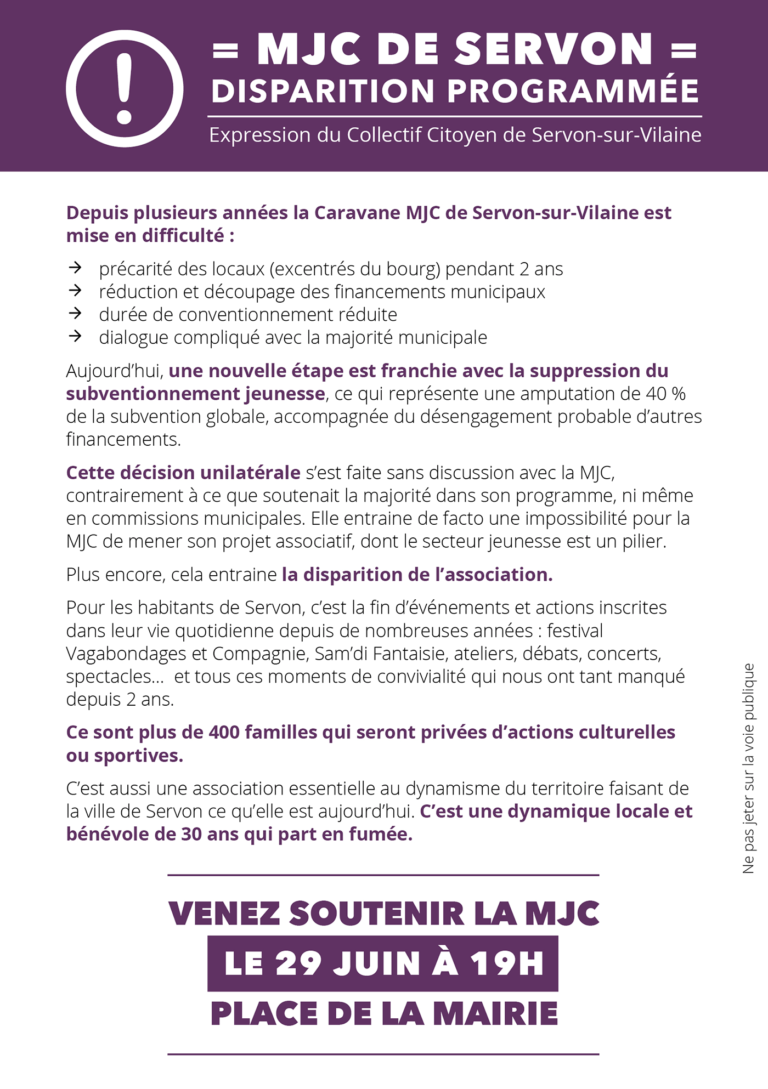 Lire la suite à propos de l’article MJC de servon : Disparition programmée