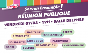 Lire la suite à propos de l’article Réunion publique Vendredi 7 mars à 19h, salle Delphes